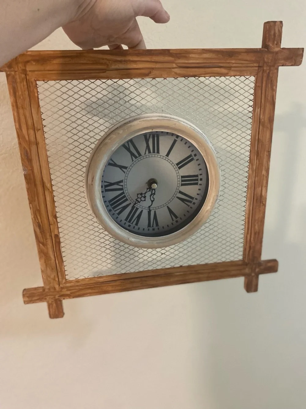 Wood-Frame Mesh Accent Wall Clock in Brown and Cream